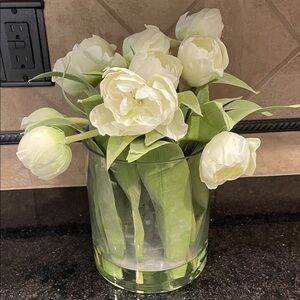 White Faux Tulip Large Bouquet in Clear Glass Vase w/faux water